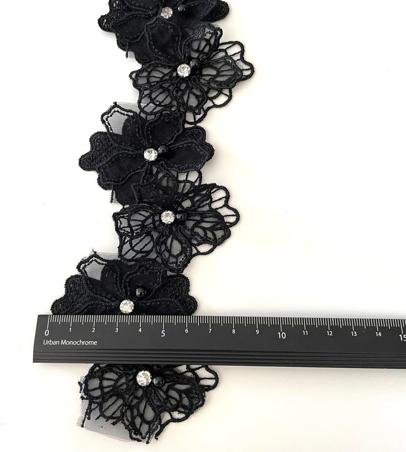 Buysk 2 Yards 3D Pearl Beads Flower Lace Trim Ribbon Floral Applique Embroidered Lace Fabric for Sewing DIY Crafts (Black) - Image 3